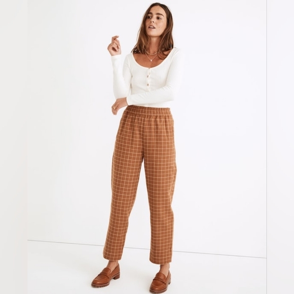 Madewell Pants - Madewell Waffleback‎ Pull-On High-Rise Tapered Pants Windowpane Brown Size S